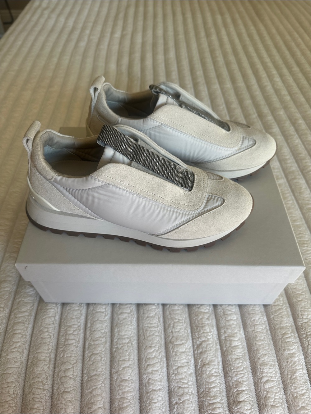 Brunello Cucinelli White and Gray Slip-On Sneakers